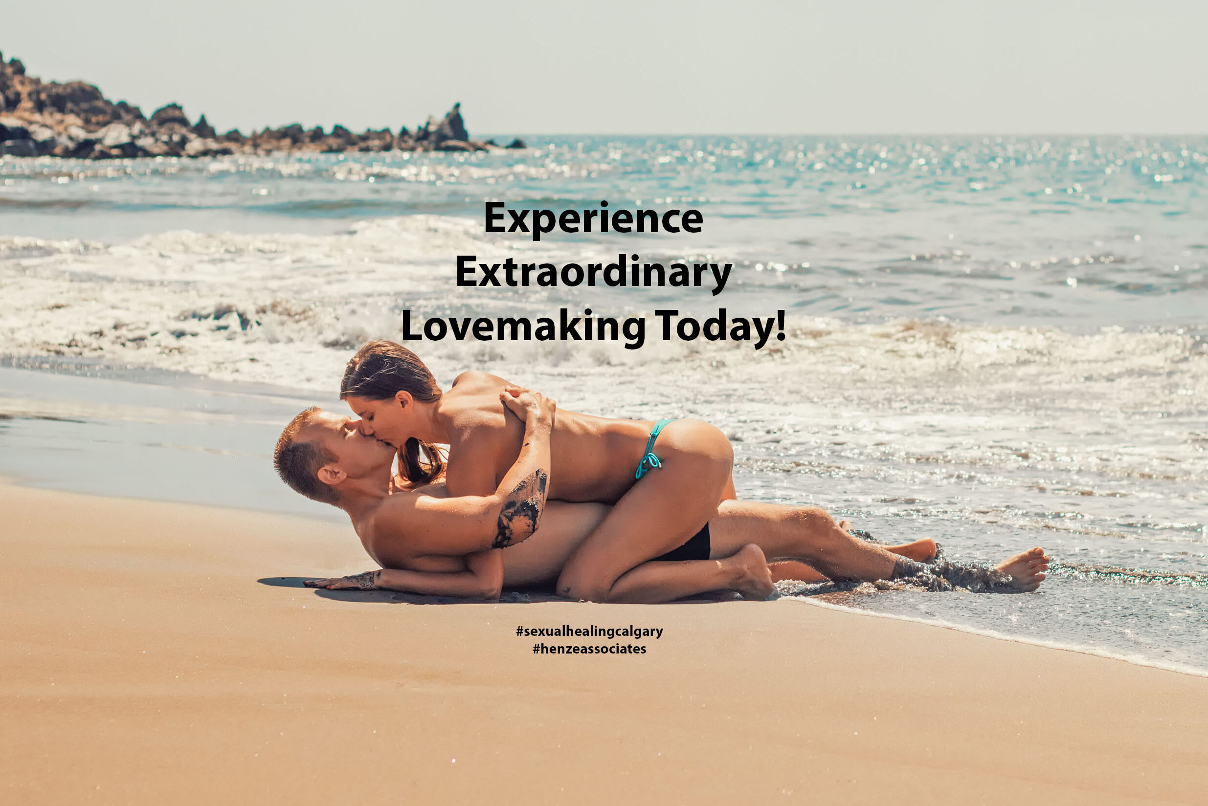 Sex Therapy Calgary post title image showing a man and woman on a beach at edge of waves in passionate embrace kissing